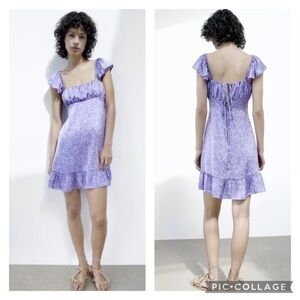 Zara Lavender Purple Ditsy Floral Flutter Sleeve Dress NWT L